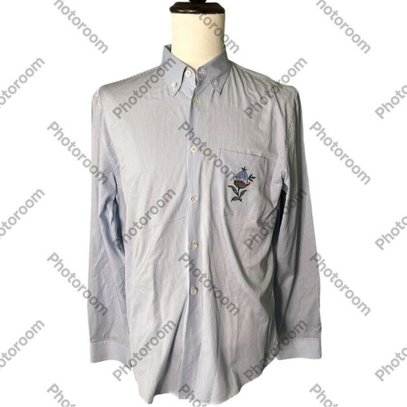 Gucci Light Blue Pinstriped Shirt Embroidered Flower pocket, Size 42 Preowned - Picture 1 of 11